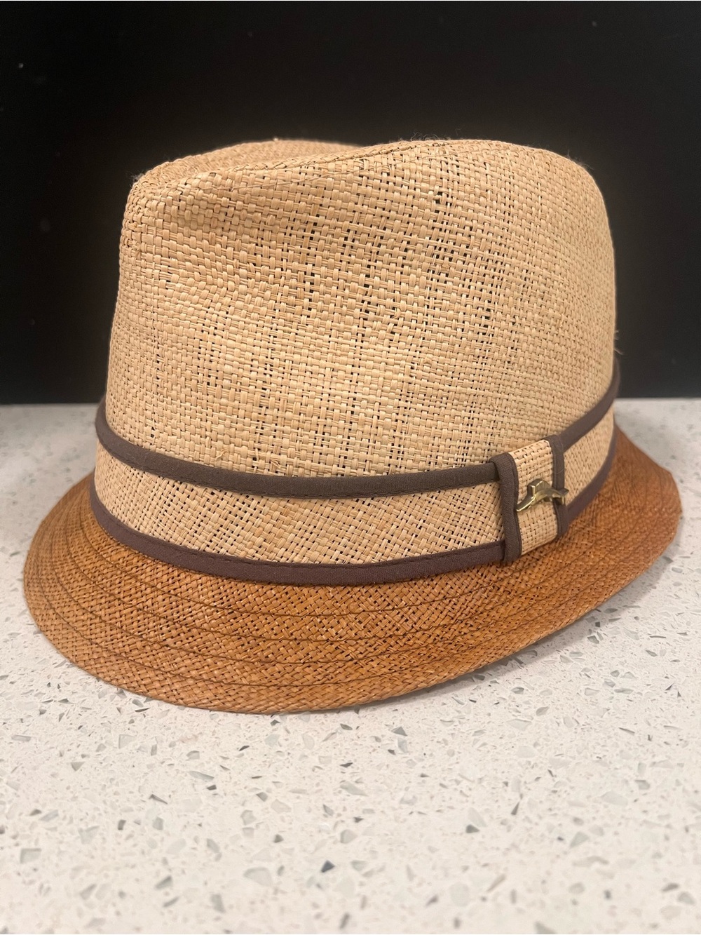 Like New TOMMY BAHAMA Relax 100% Raffia Fedora Straw Hat Tan and Brown 7 1/8